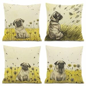 Pug Meadow Decorative Throw Pillow Covers- Yellow